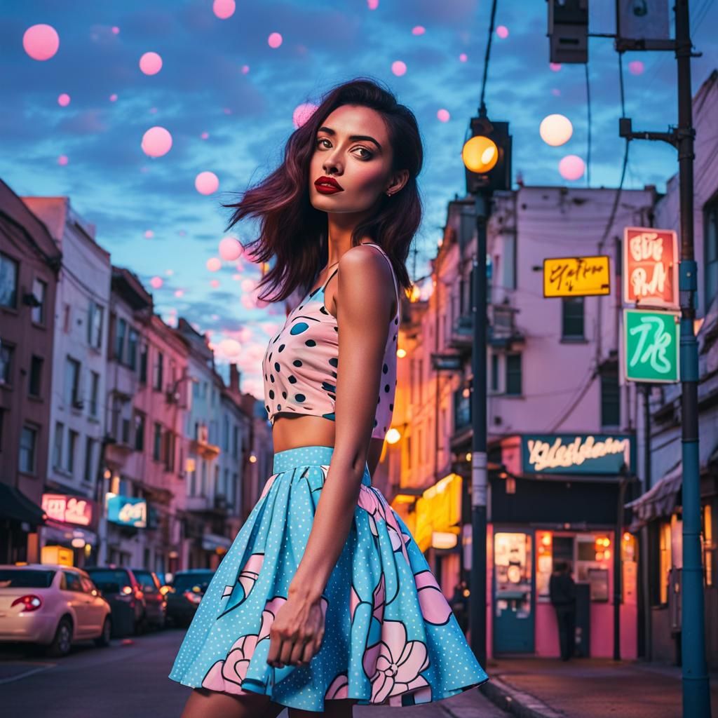 Pop Art Woman in Floral Skirt at Dusk