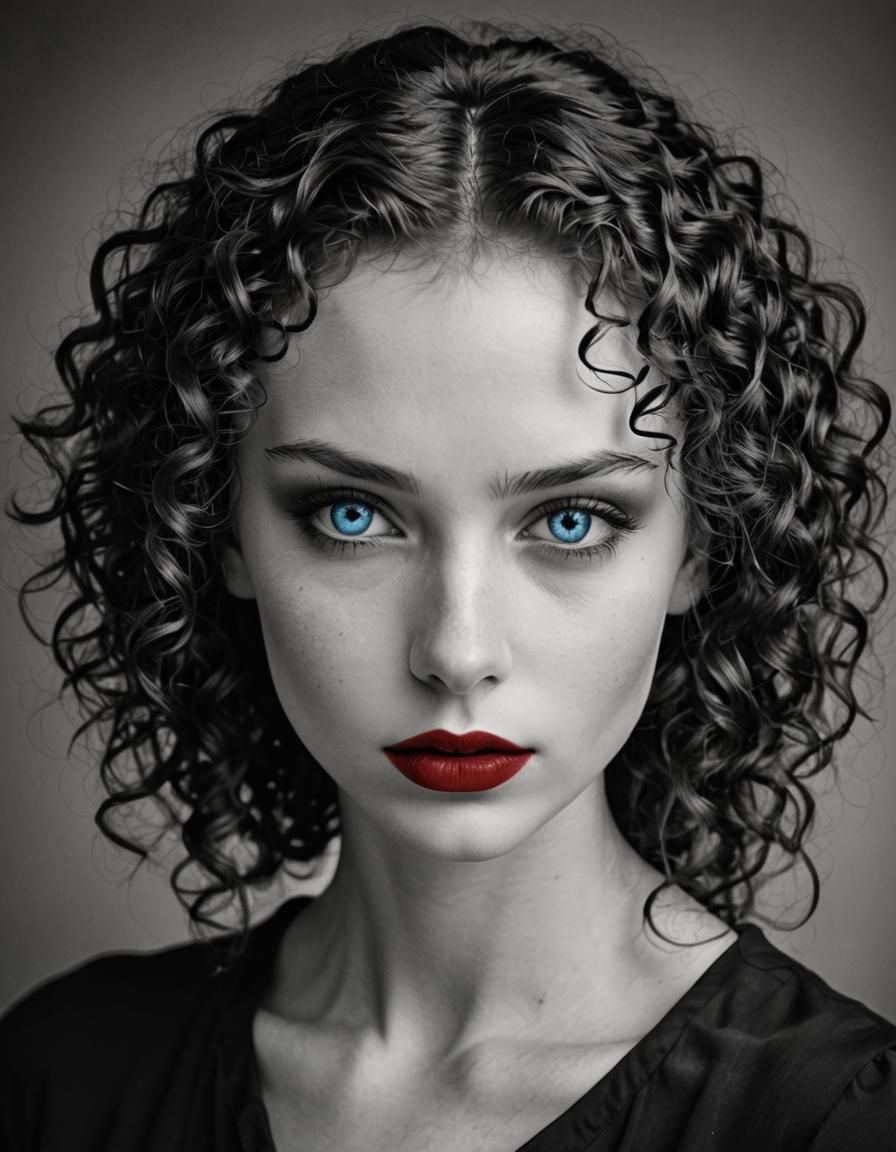 Striking Portrait: Blue Eyes, Red Lips in Black and White