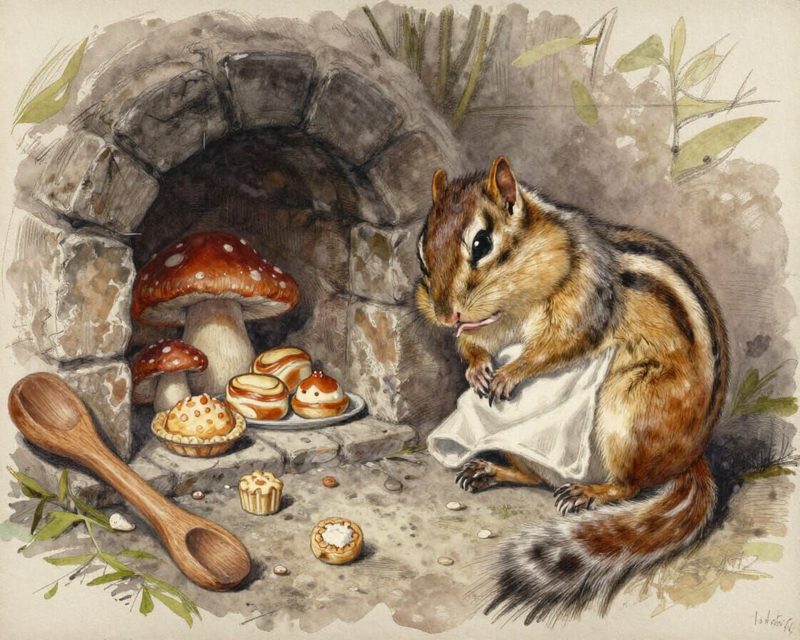 Tired Chipmunk Baker Dozing by Mushroom Oven