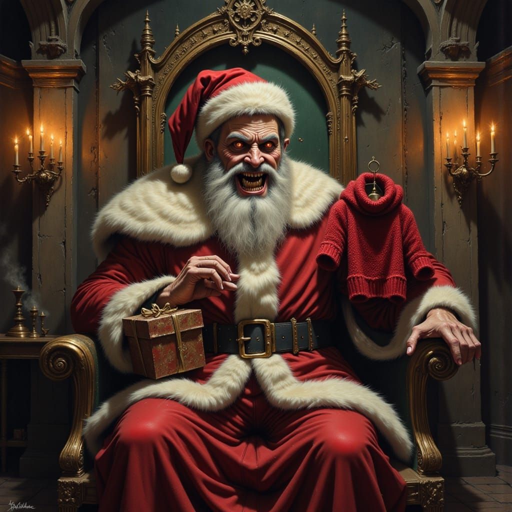 On an ugly putrid wooly jumper is a picture of An ugly, dirt...