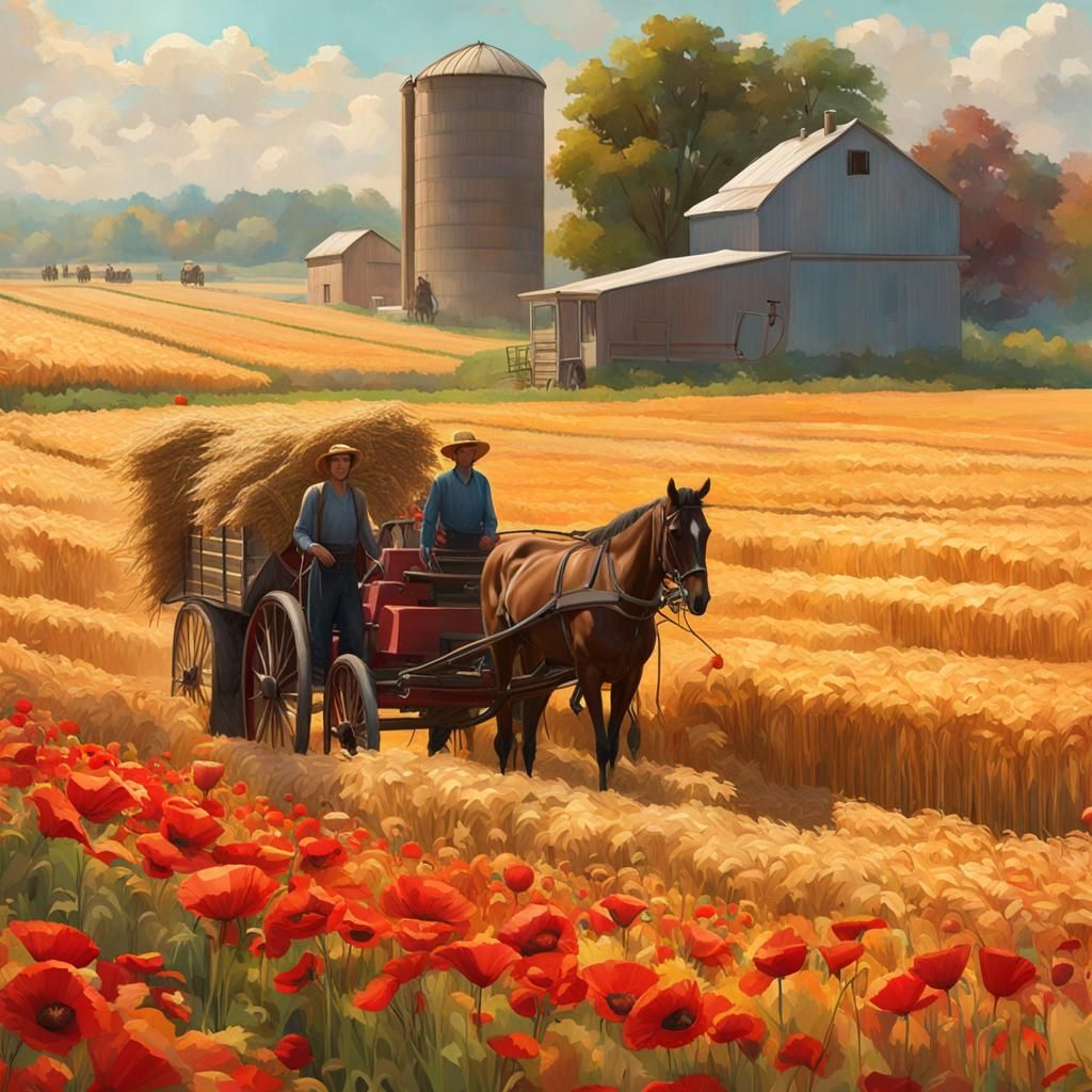 Amish Family Harvesting Wheat with Poppies
