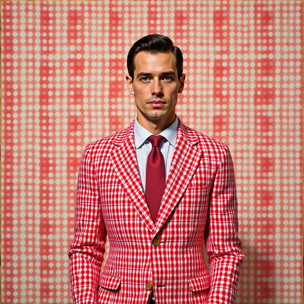 Confident Man in Gingham Suit, Stylized Portrait