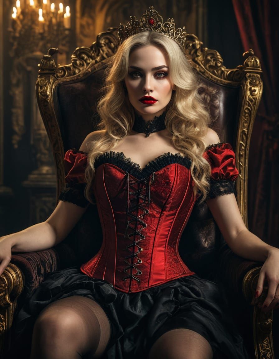 Elegant Gothic Queen in Crimson Corset and Velvet Throne
