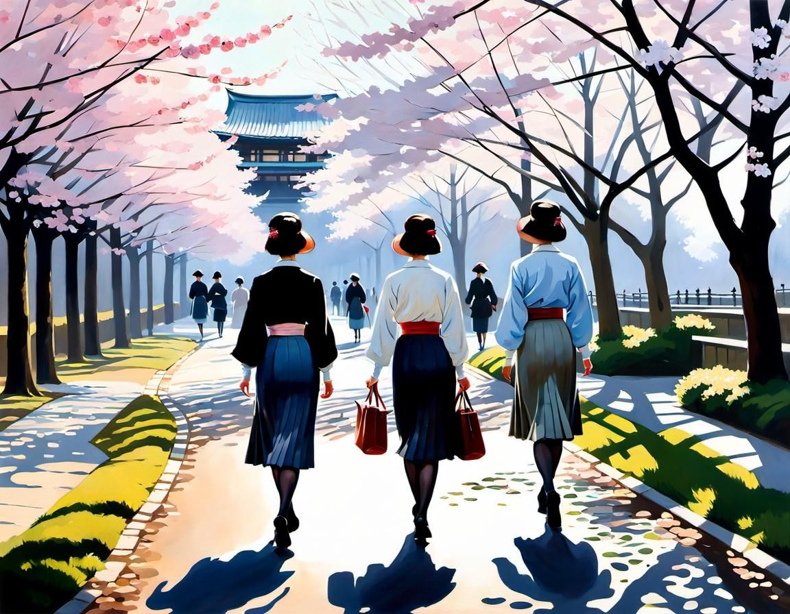Kyoto Park Cherry Blossoms: Oil Painting of Schoolgirls