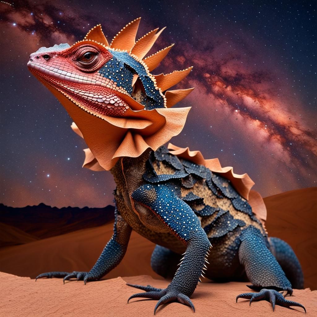 Frilled-Neck Lizard Under Starry Sky, Folk Art
