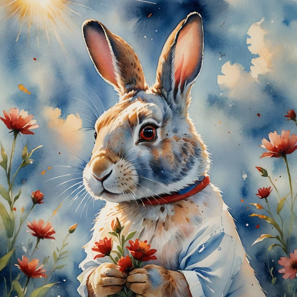 Rabbit Breathing Flower: Whimsical Watercolor Art