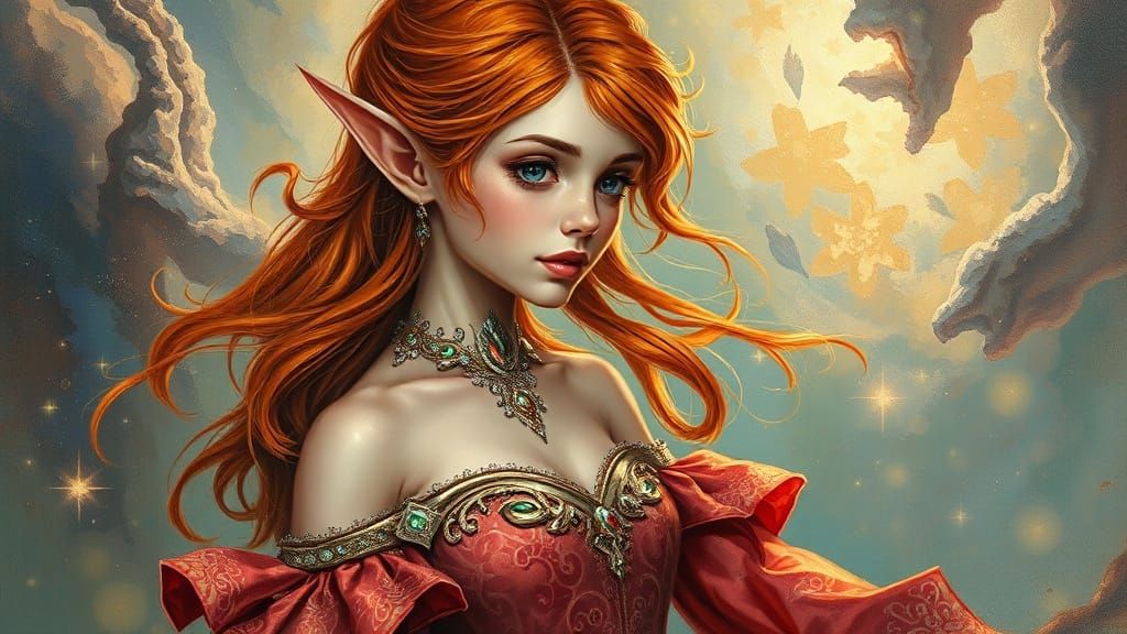 Red-Haired Elf in Glittering Gown, Fantasy Oil Painting