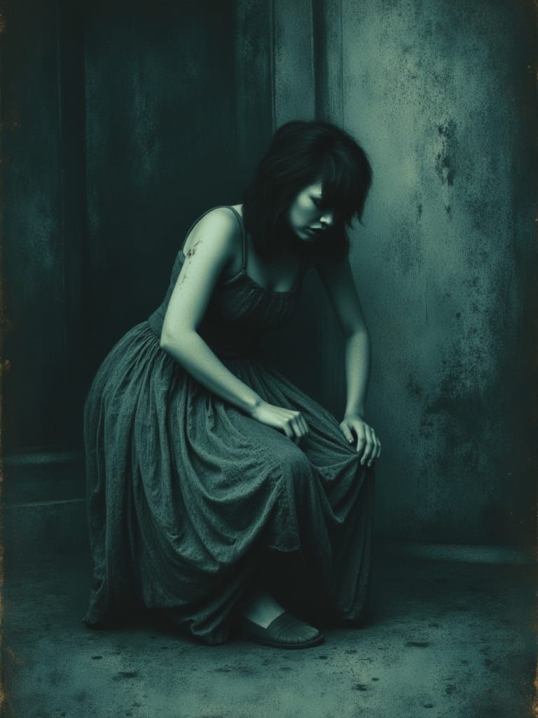 Surreal Woman in Tattered Gown with Glowing Scar