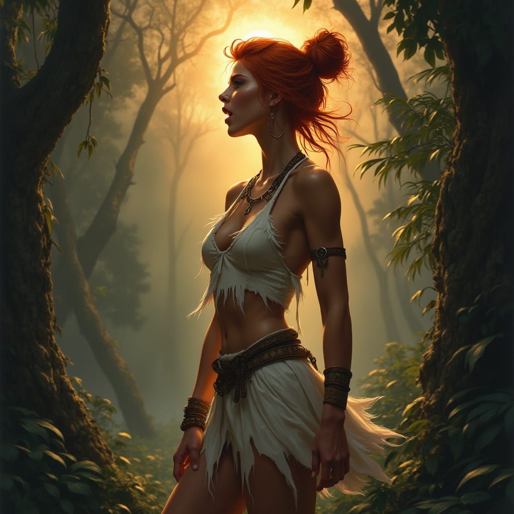 Savage Redhead Cavewoman in Primal Jungle