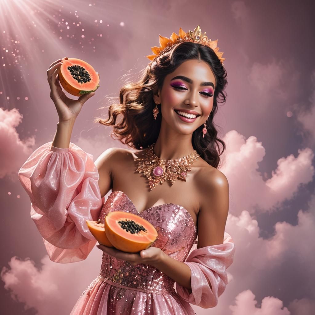 Radiant Goddess in Pink Holding Papaya