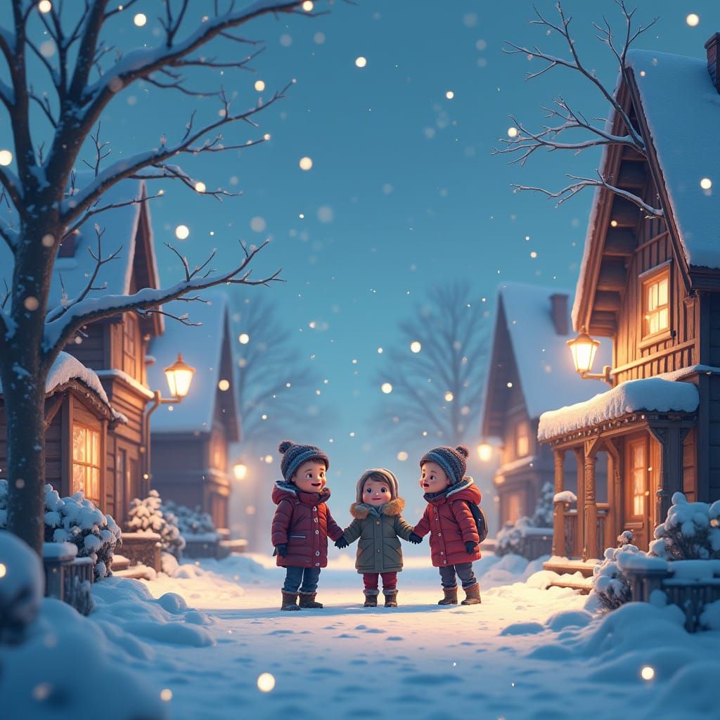 Whimsical Snowy Village Scene in Hyperrealistic 3D Anime Sty...