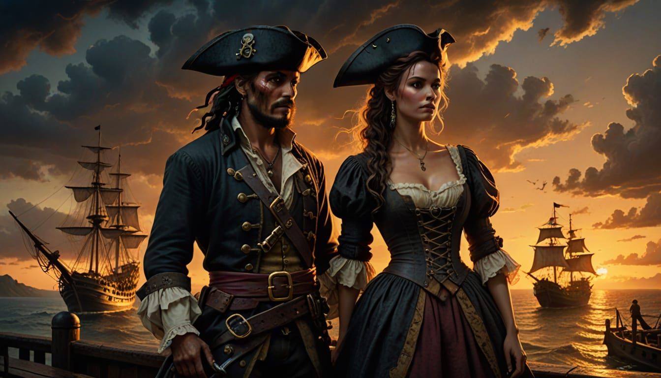 Pirate's Sunset Tavern Scene in Oil Painting Style