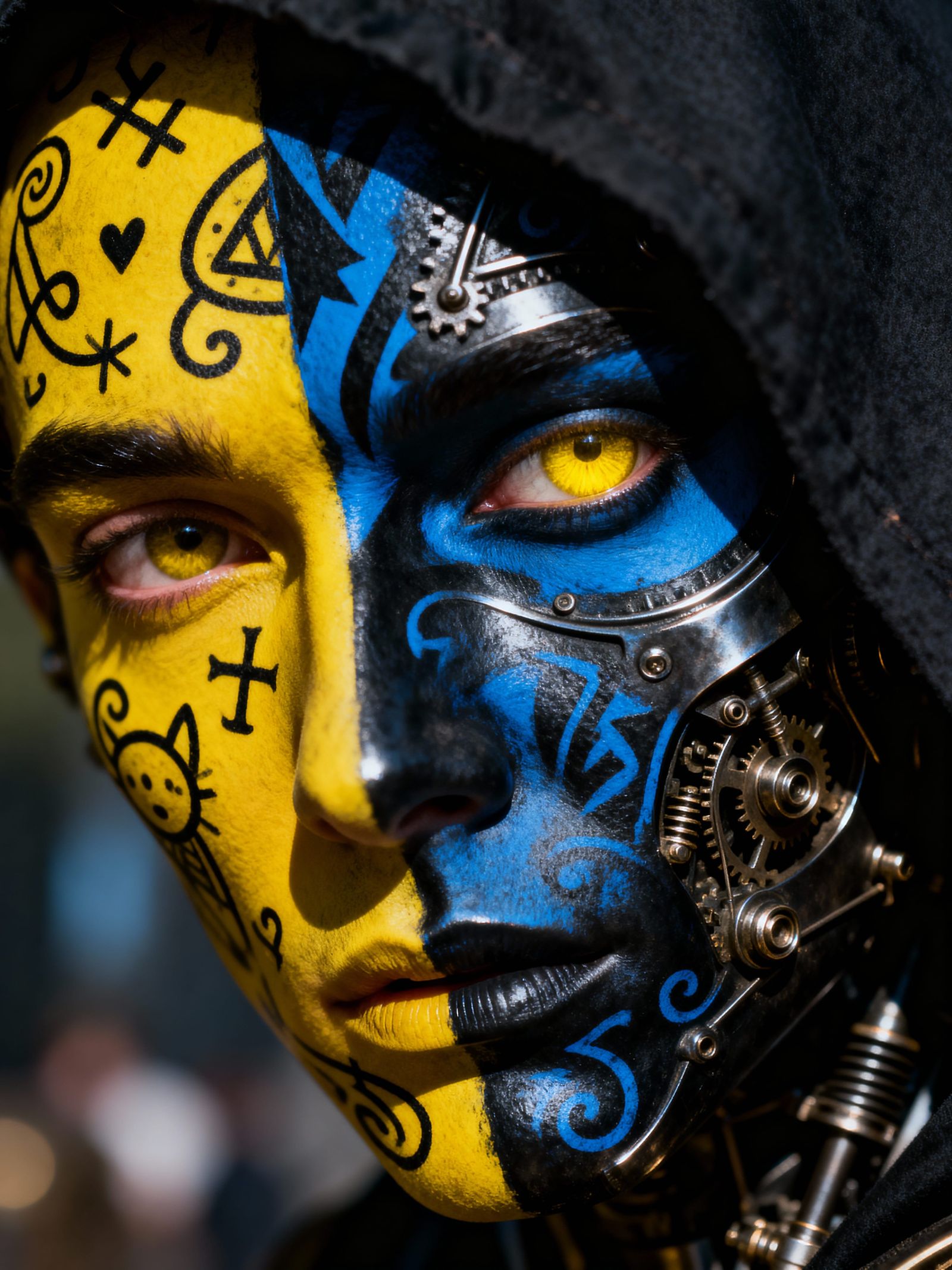 Face Adorned with Black, Blue, and Yellow Patterns in Chiaro...