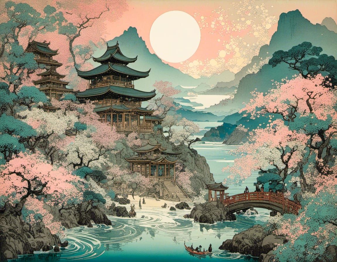 Ukiyo-e Beach Scene with Samurai and Nature Spirits