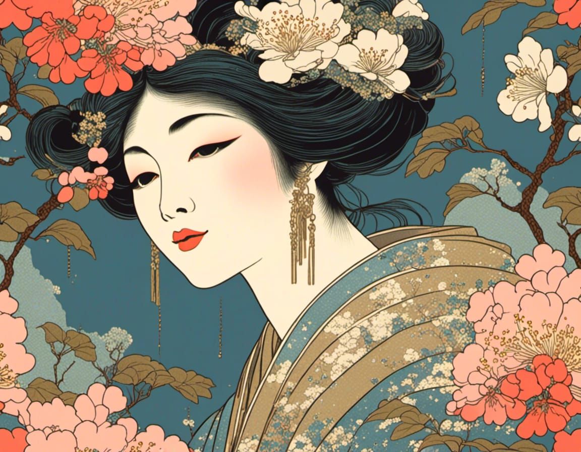 Ukiyo-e Face with Floral Accents