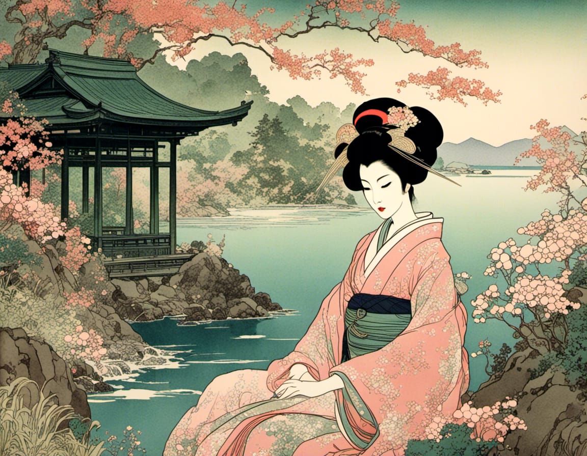 Geisha in Ukiyo-e Temple Garden with Floral Kimono