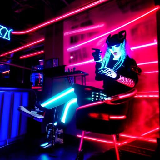 Cybergoth Model in Neon Noir Coffee Shop