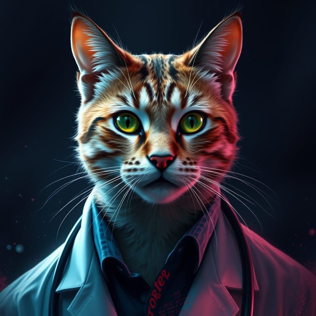 Surreal Feline Doctor in Hyperdetailed Portrait