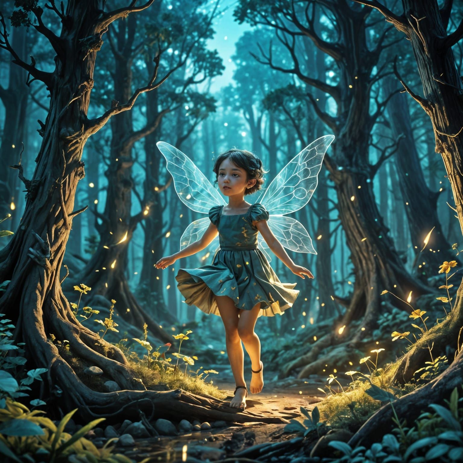 Mischievous Pixie Dances in Bioluminescent Forest