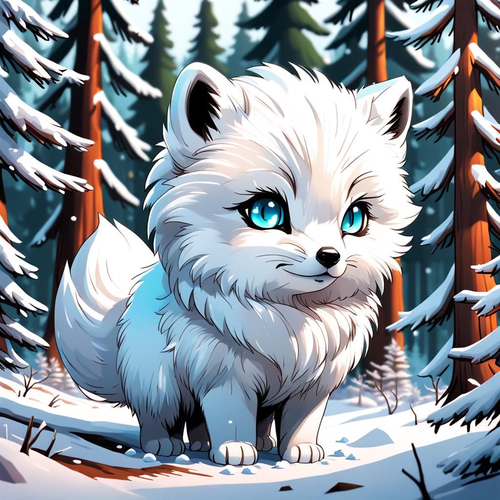 Cute Arctic Fox in Winter Forest, Anime Style