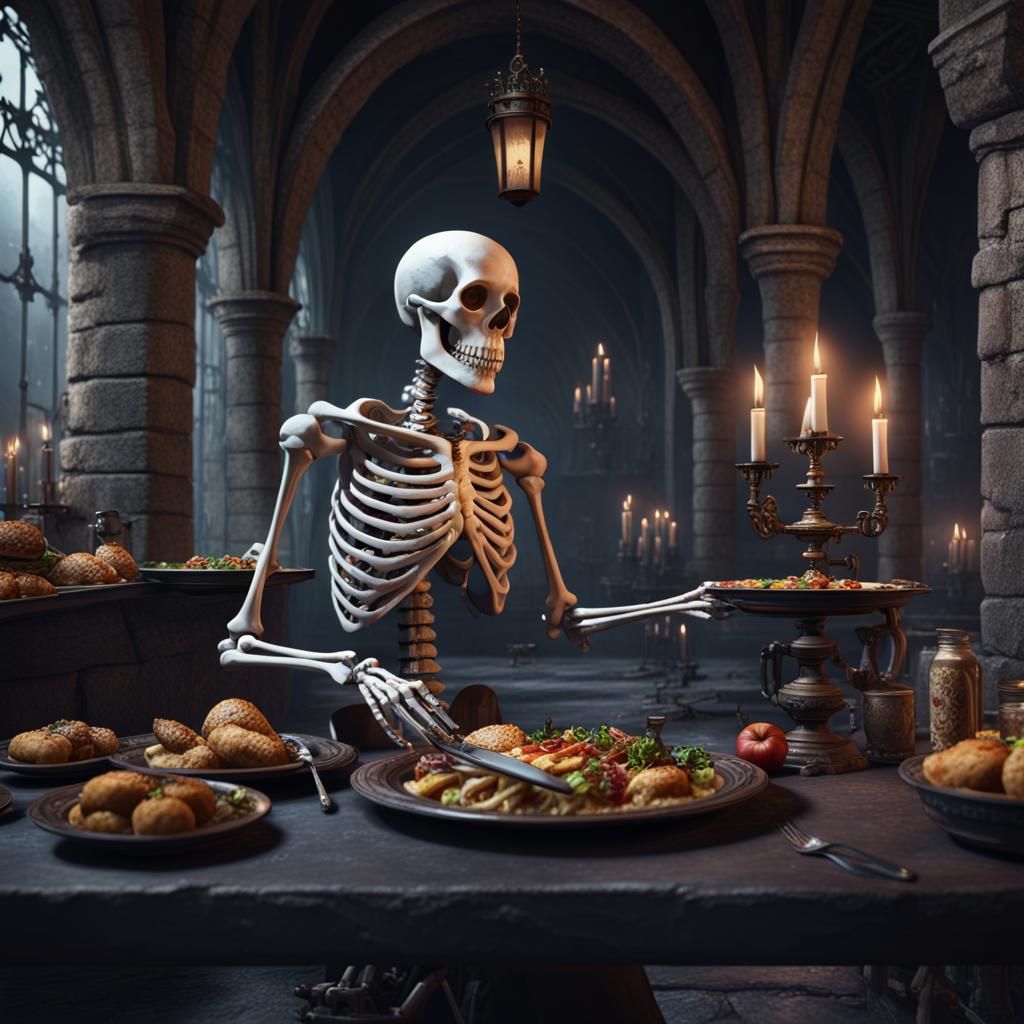Skeleton Servant Serving Food in Dark Castle