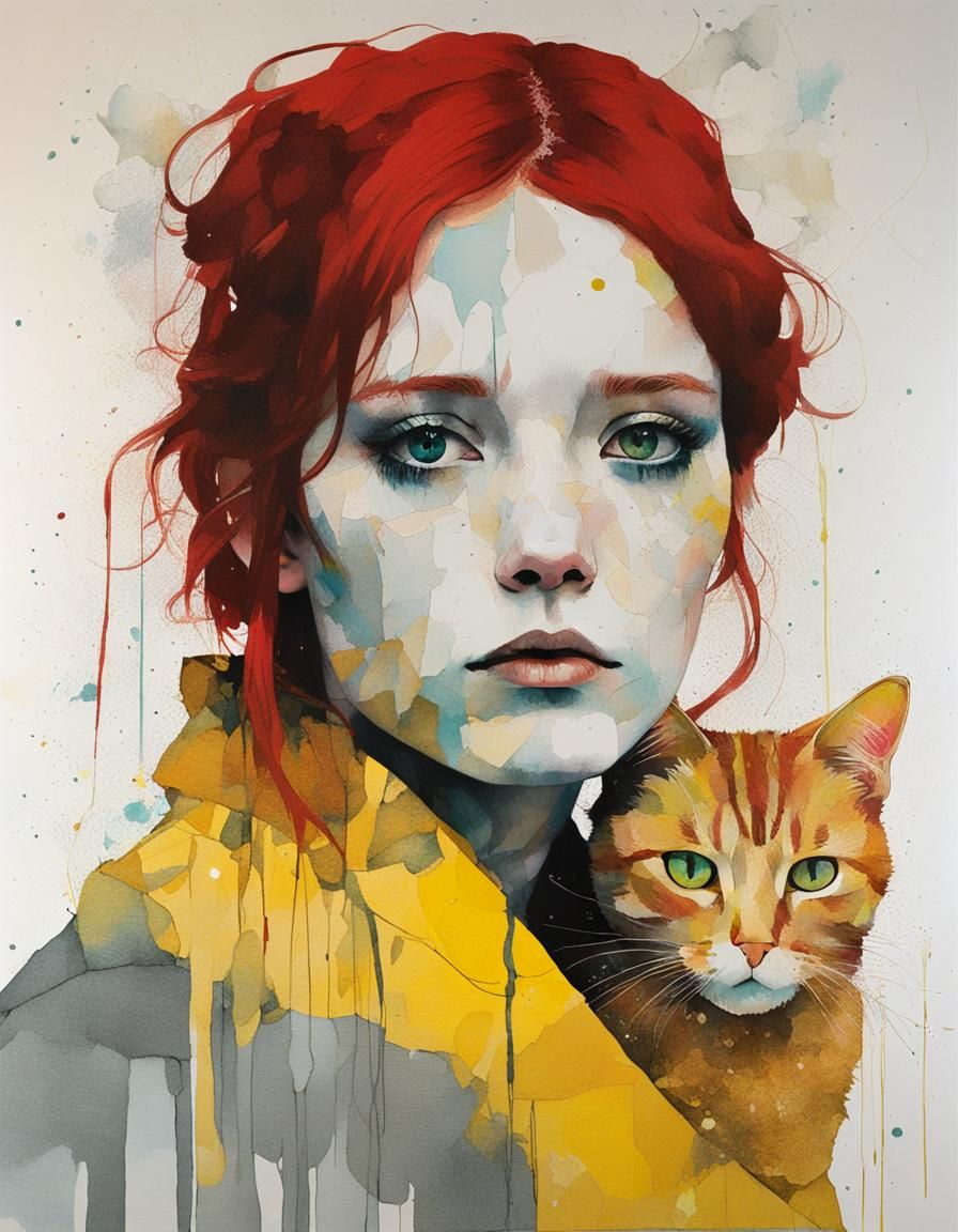 Redhead with Yellow Eyes in Surreal Style