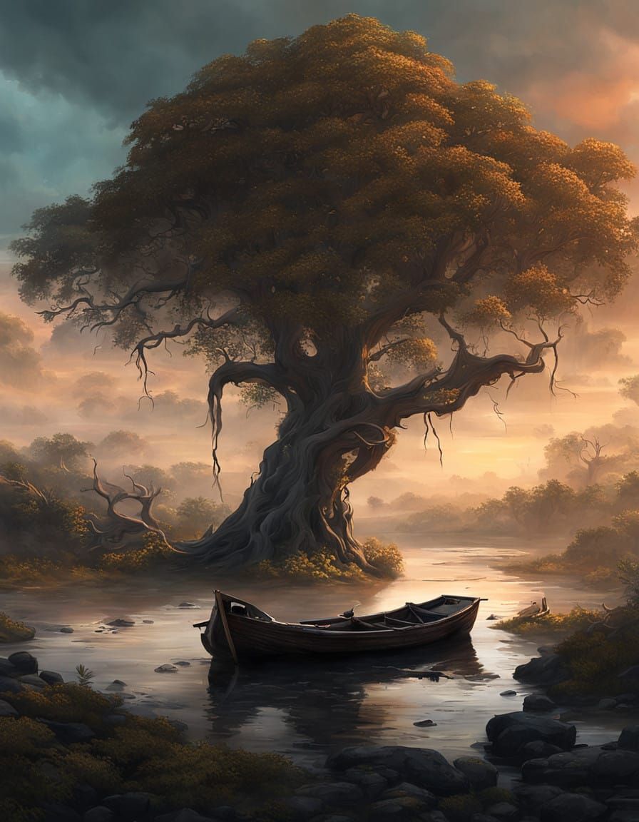 Twisted Oldest Tree Over Orinoco River in Surreal Sunset