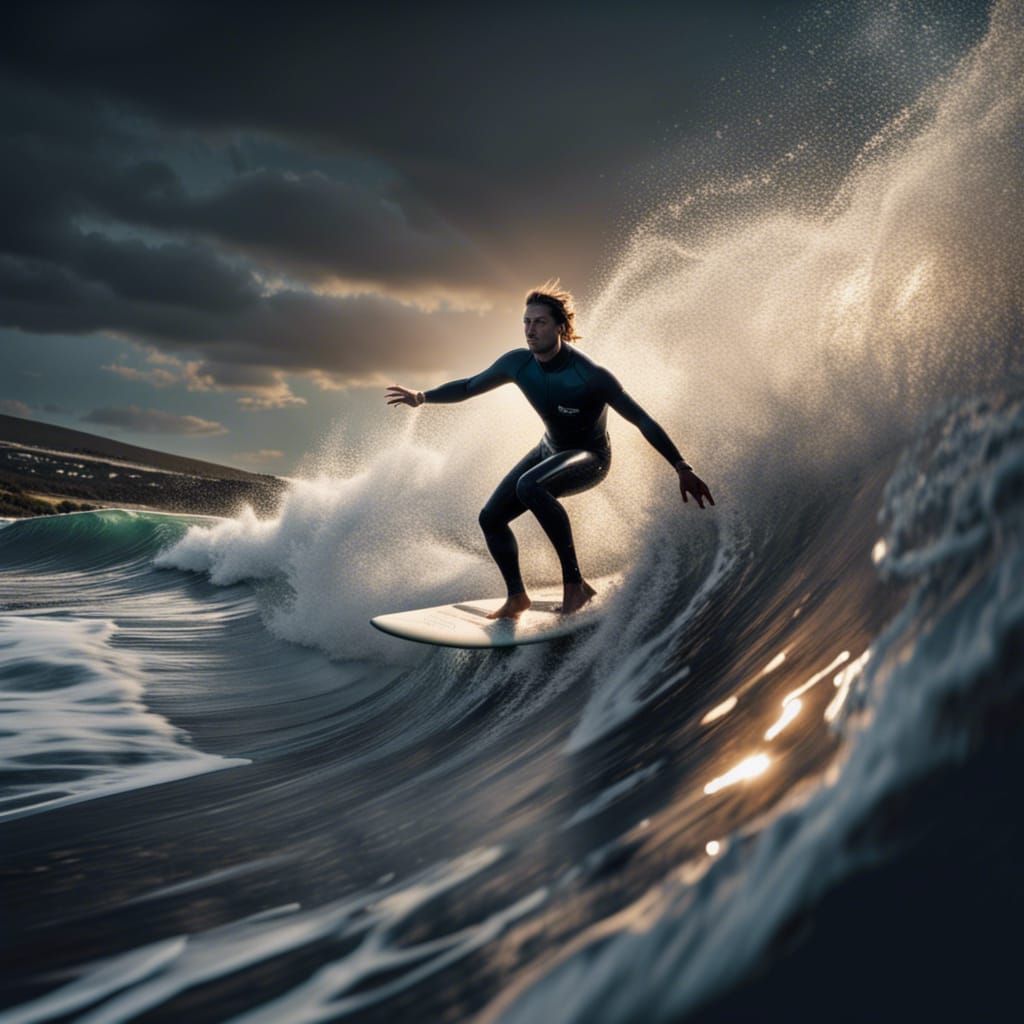 Hyperrealistic Surfing Scene in Sharp Focus