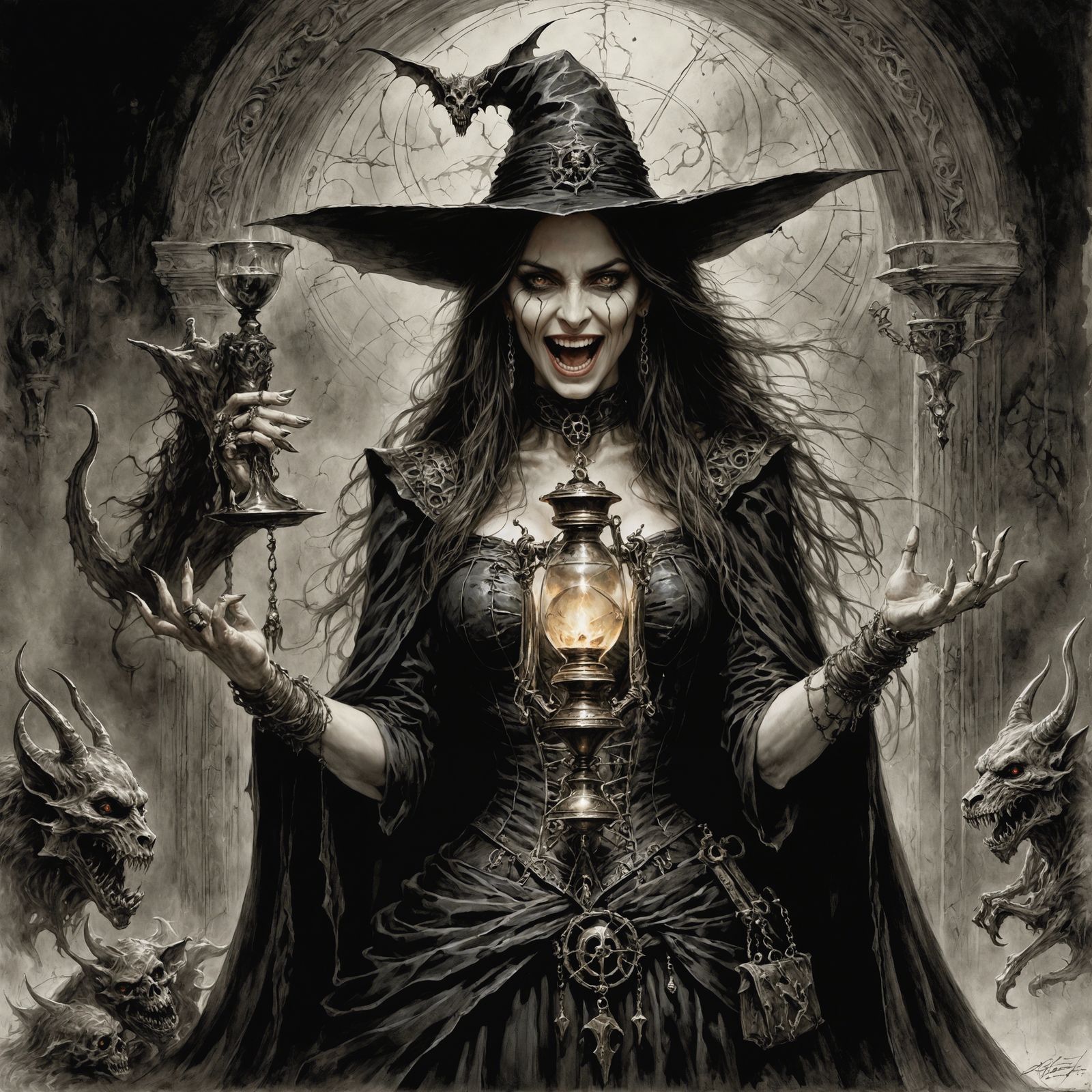 Terrified Witch Summons Laughing Demon with Hourglass