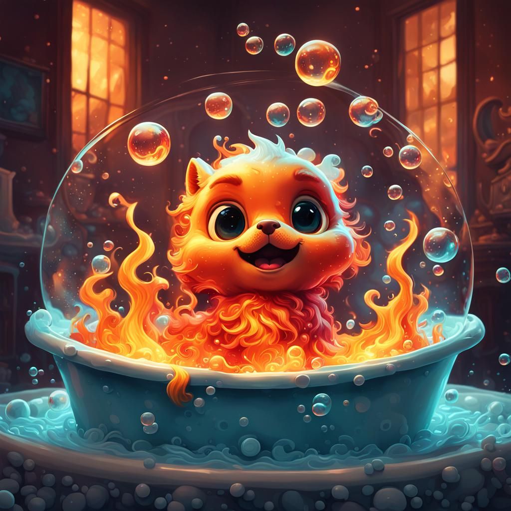 Adorable Flame Taking Bubble Bath: Digital Illustration