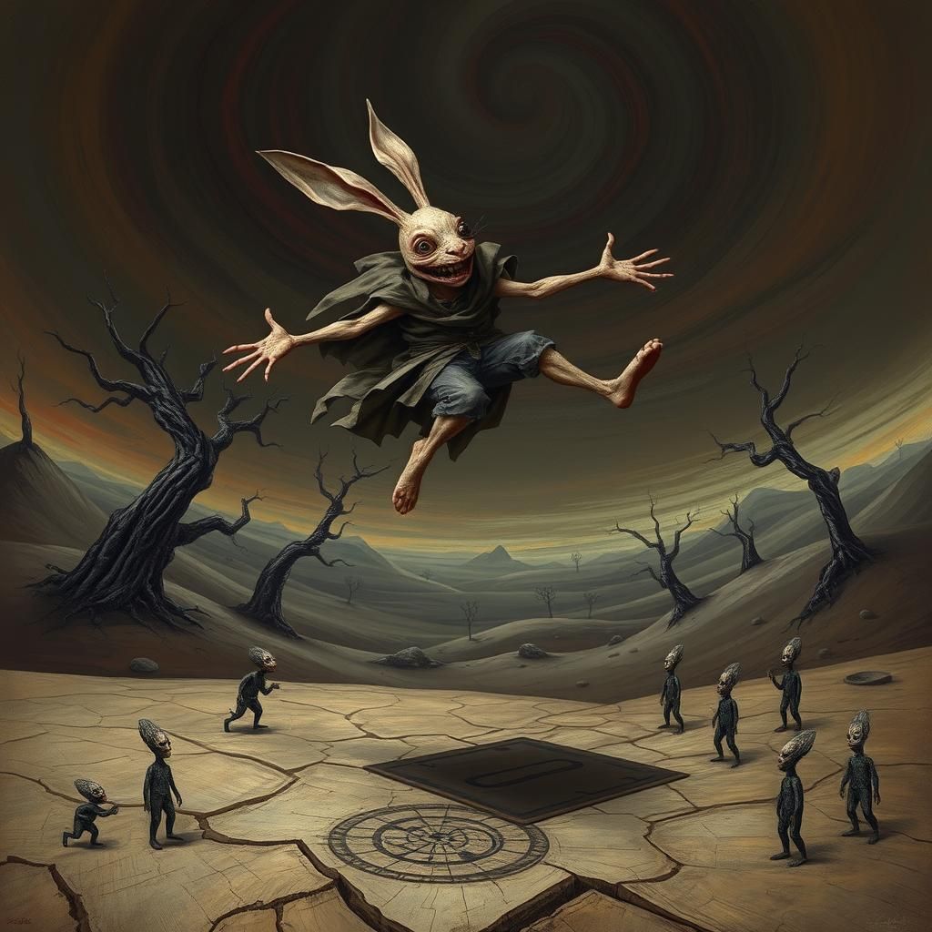 Surreal Hybrid Creature Leaping in Desolate Landscape