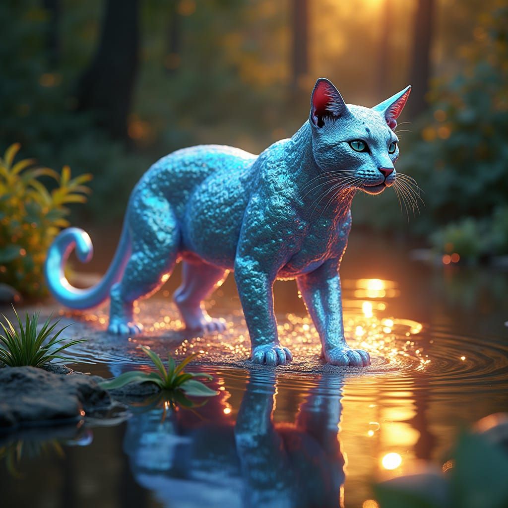 Majestic Water Feline Strides Across Rainbow Pond