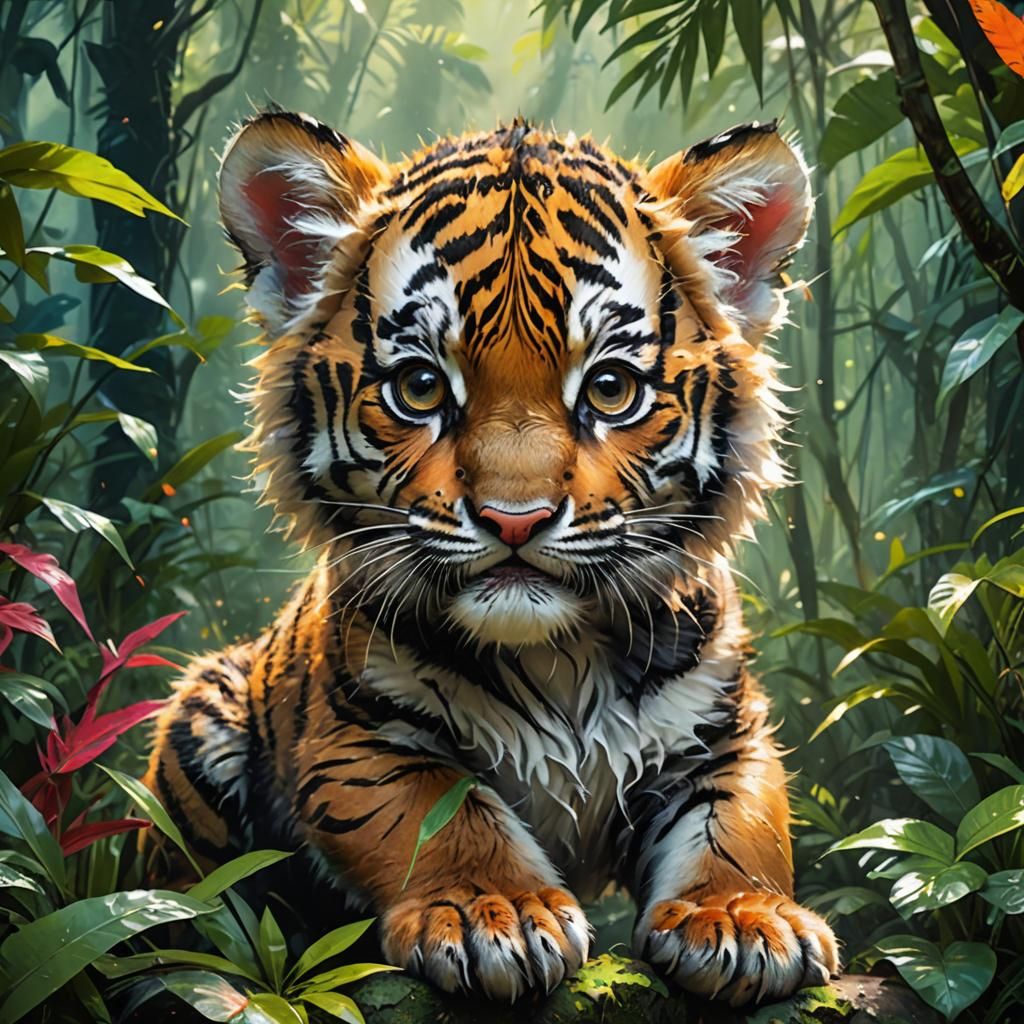 Playful Baby Tiger Cub in Jungle, Detailed Oil Painting
