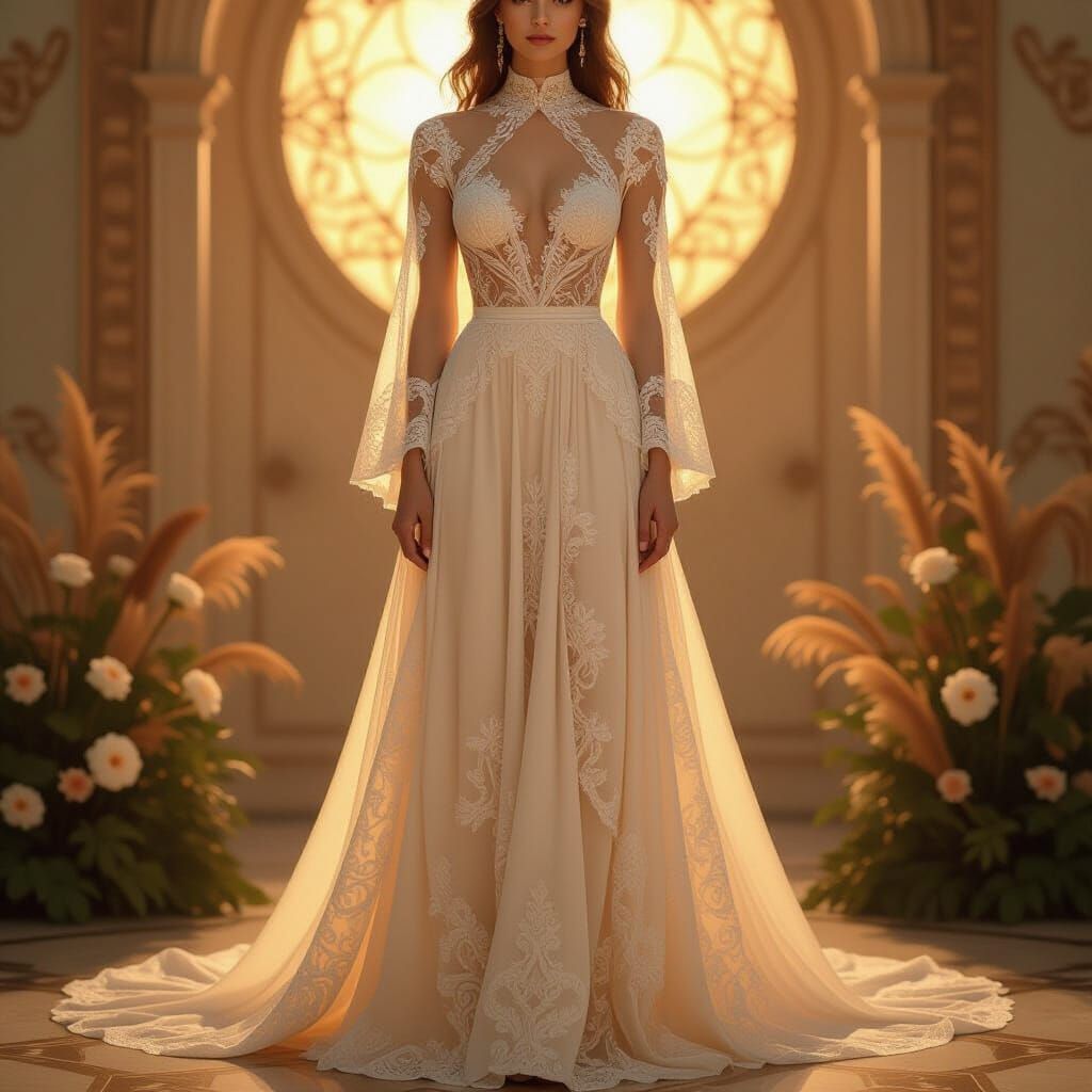 Elegant Woman in Lace Gown, Art Nouveau Style