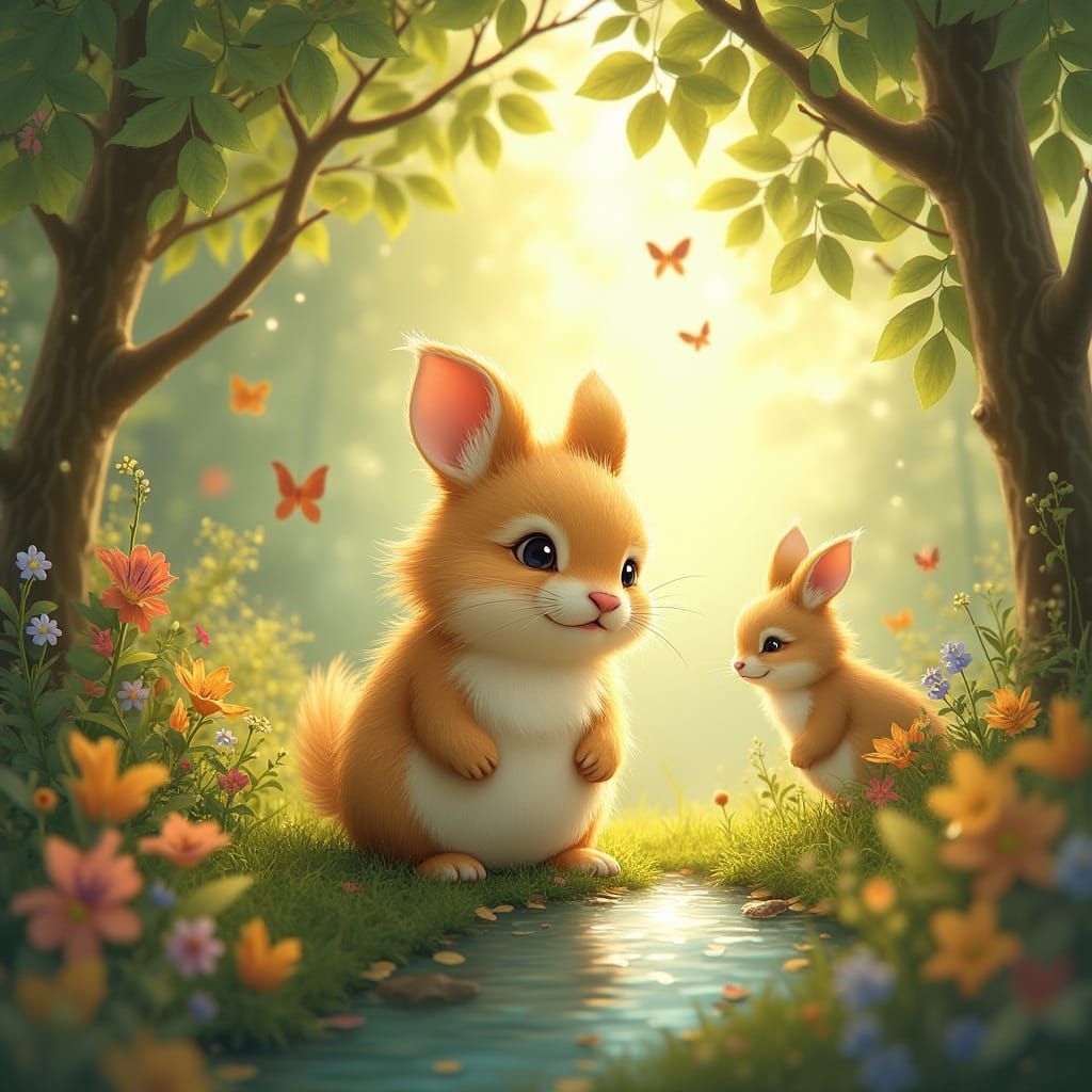 Whimsical Forest Morning Scene with Rabbits and Wildlife