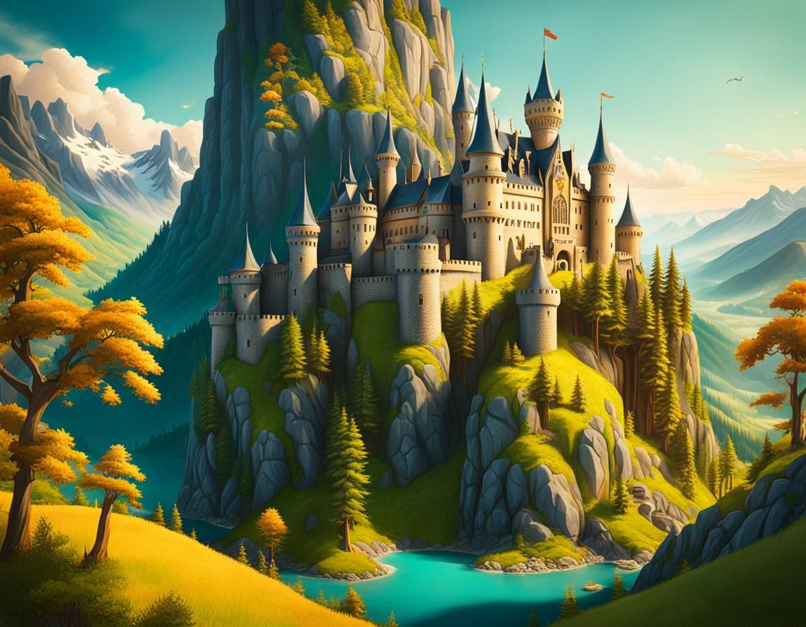 Fantastical Medieval Castle on Mountains in Surreal Style