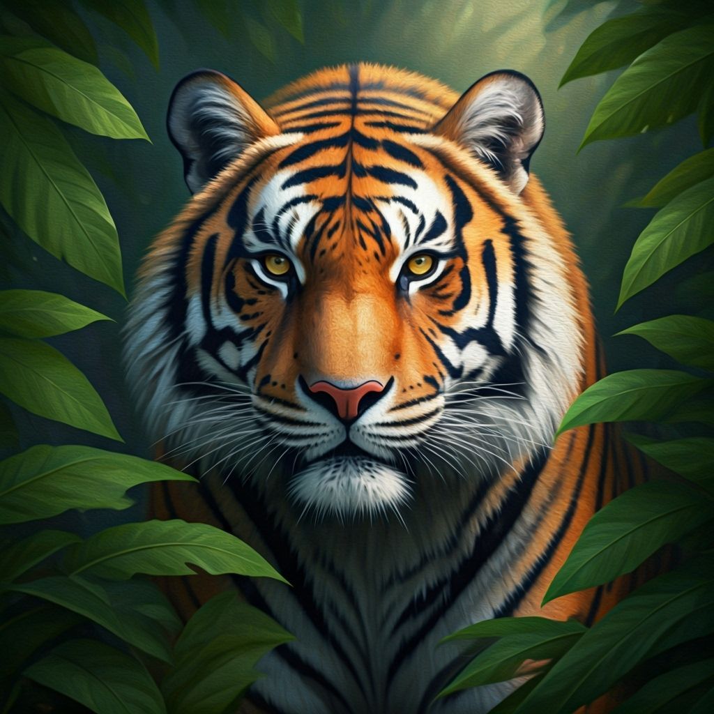 Majestic Tiger Prowling Through Jungle: An Oil Painting