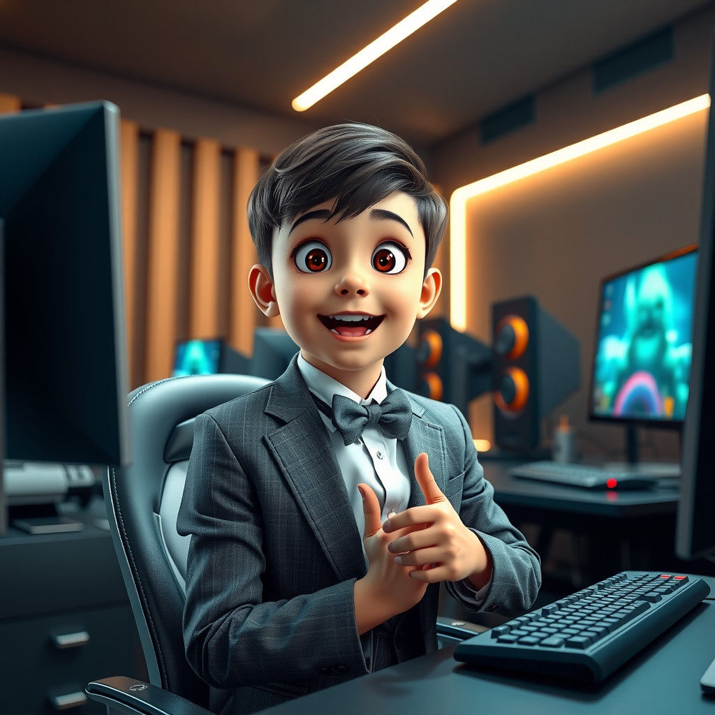 Boy Gamer in Suit Shows Screen, 3D Anime Style
