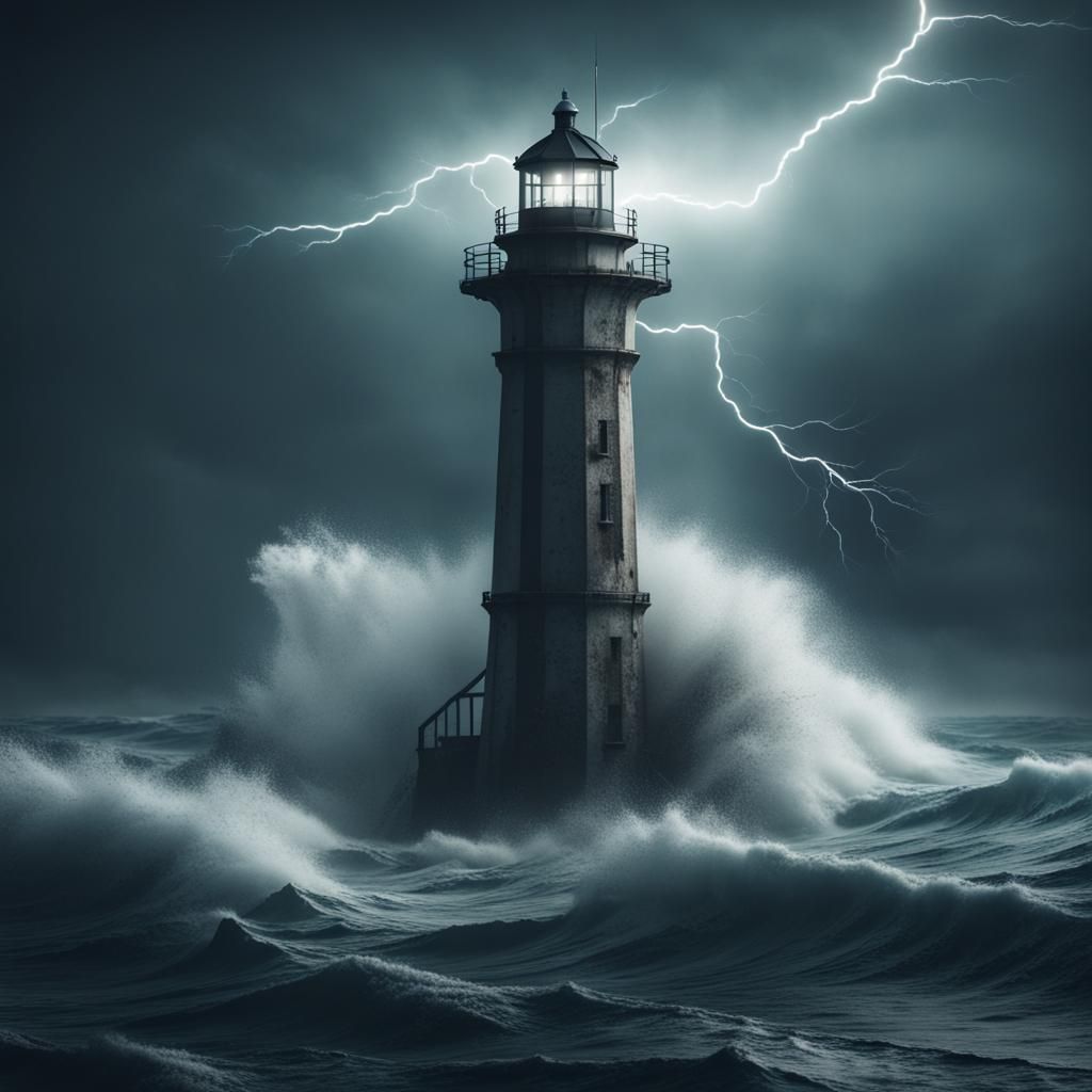 Dystopian Lighthouse in Stormy Ocean with Lightning