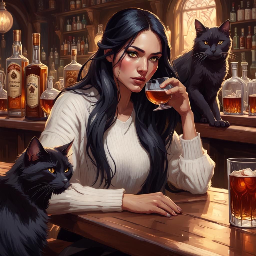 Victorian Bar Scene with Woman, Cats, and Bourbon
