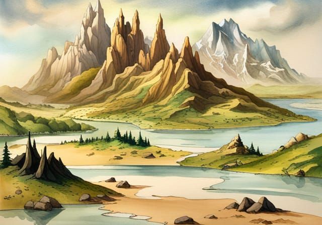 Detailed Fantasy Map in Watercolor and Ink Style