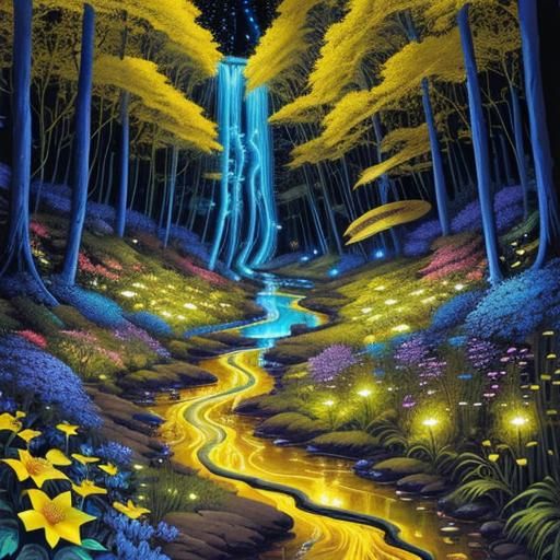 Bioluminescent Forest Stream at Night, Fantasy Acrylic Paint...