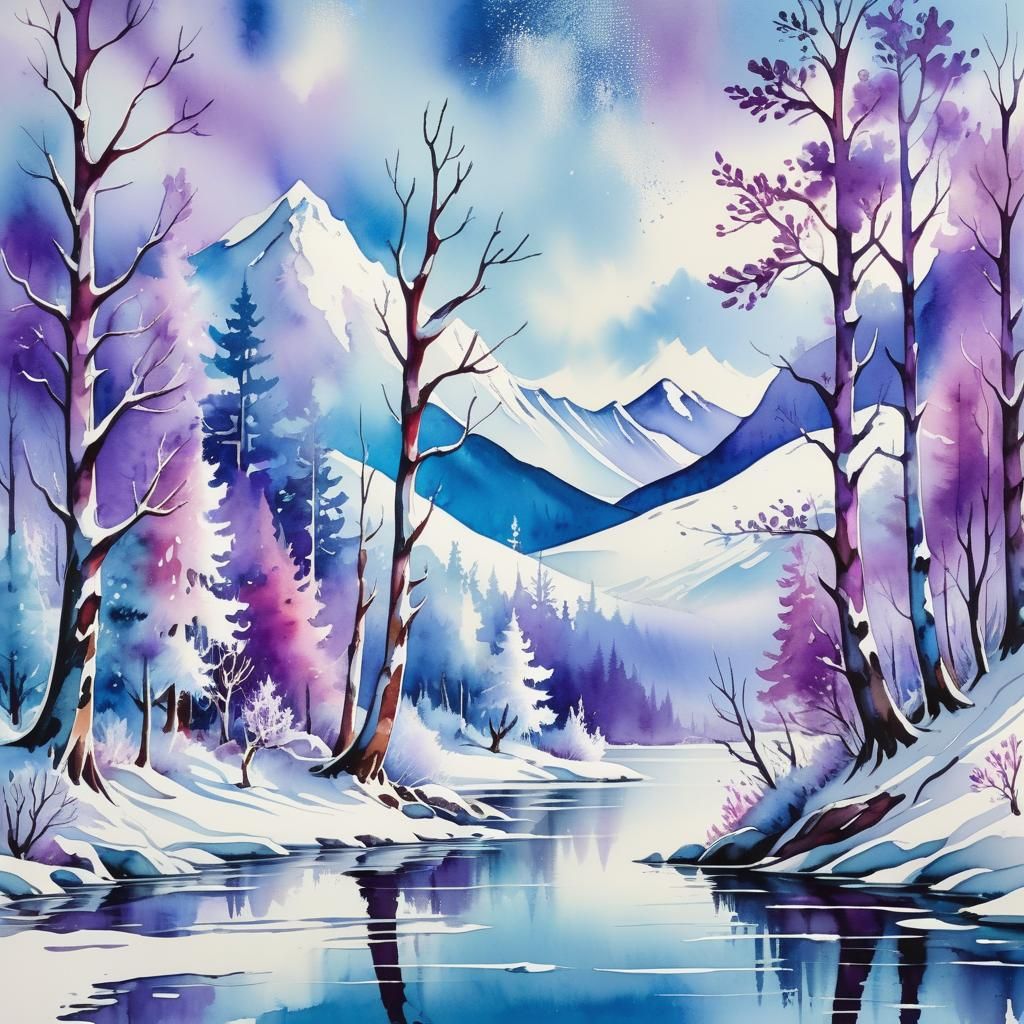 Ethereal Winter Landscape in Watercolour Style