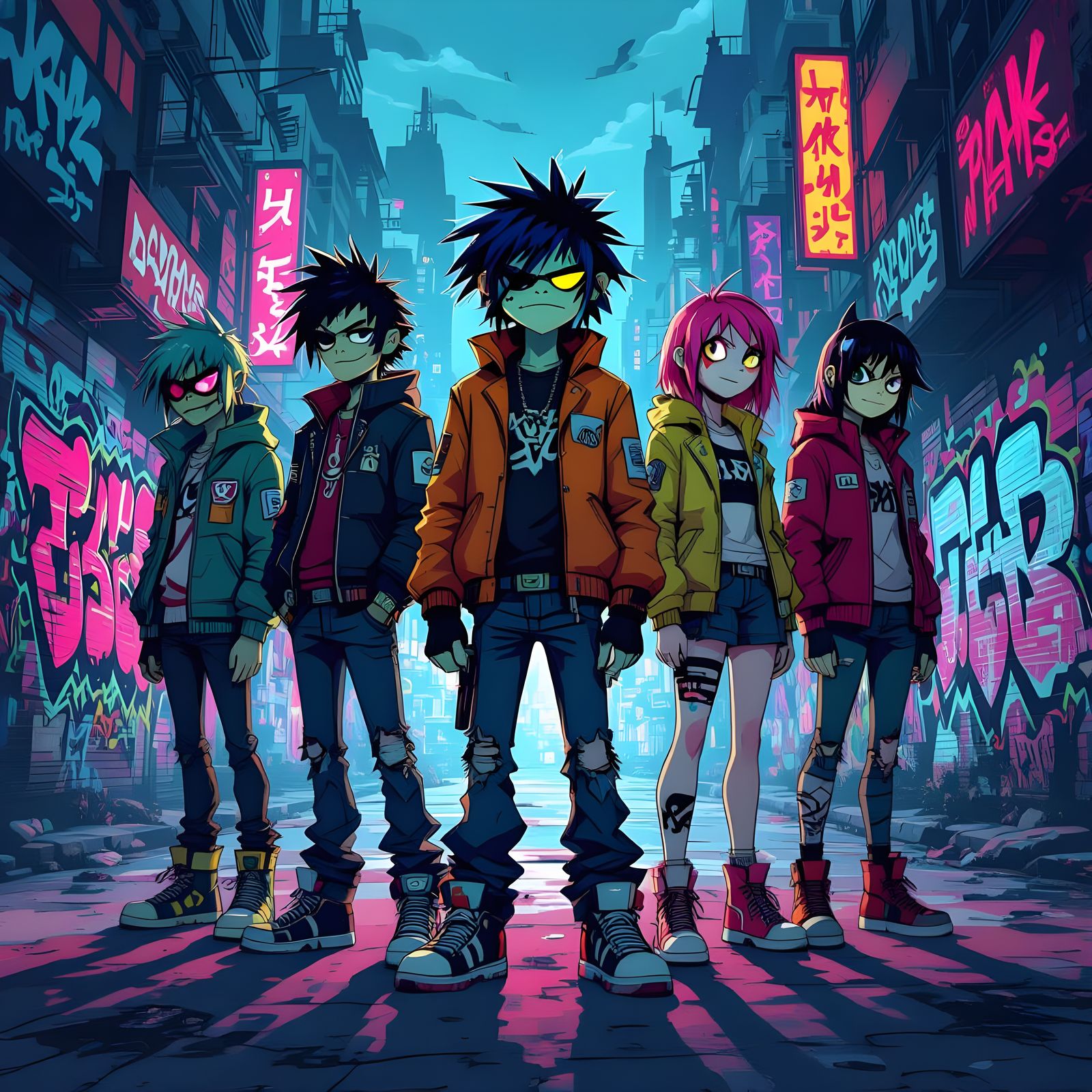Gorillaz Album Art Style: Five Characters in Neon Dystopia
