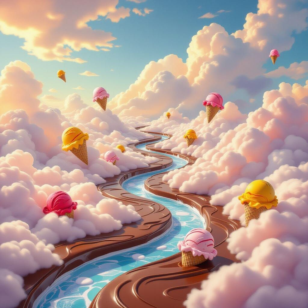 Dreamy Chocolate River with Floating Ice Cream in Surreal St...