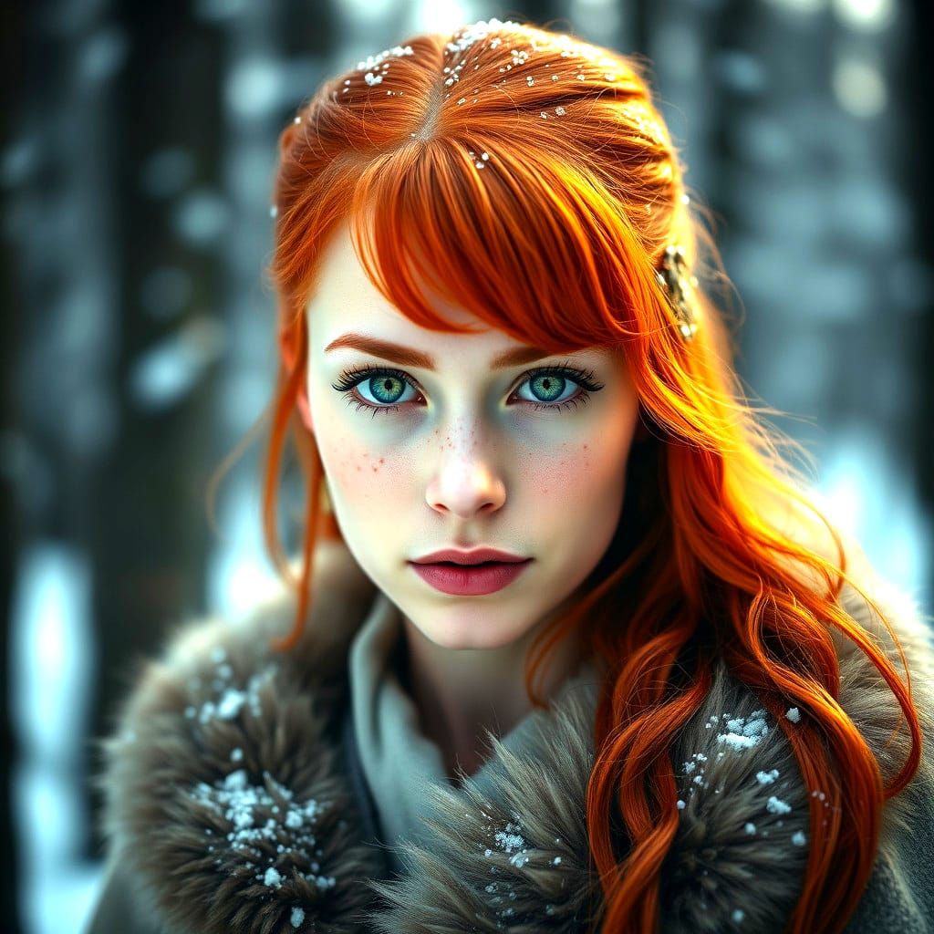 Celtic Warrior Woman in Snowy Forest, in Professional Portra...