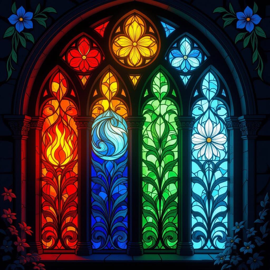 Fantasy Stained Glass Window with Elemental Symbols