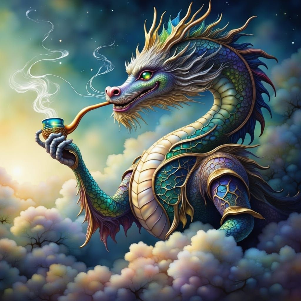 Silver Chinese Dragon Smokes Pipe Amidst Clouds