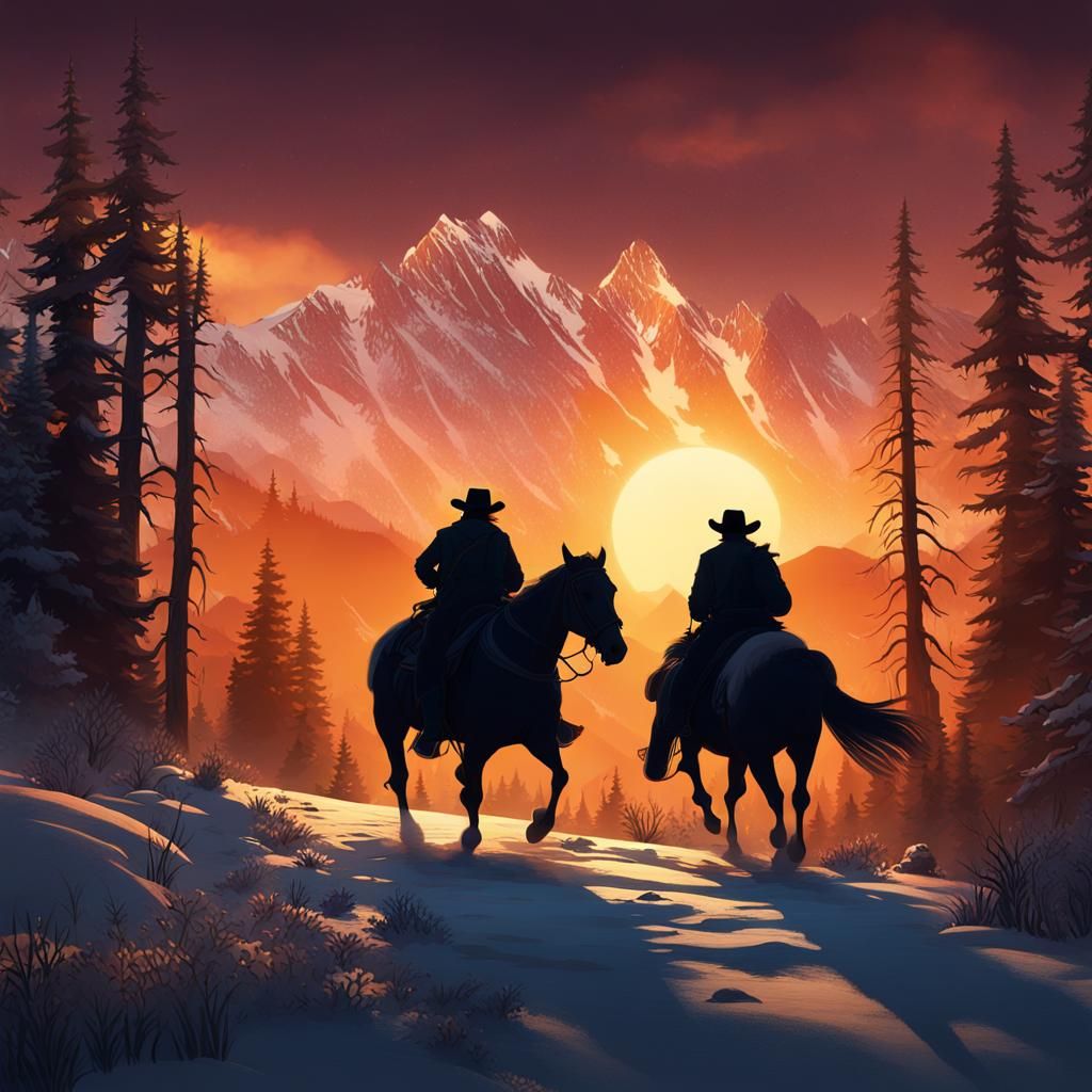 Cowboy Silhouette Leading Pack Horse at Sunset