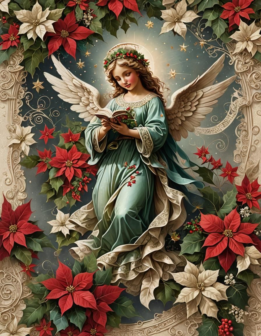 Vintage Christmas Angel with Festive Floral Elements